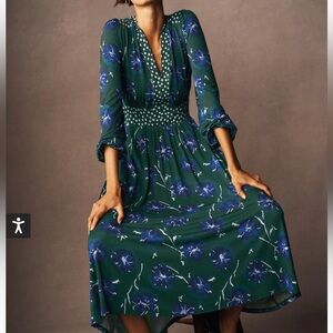 Boden Lily Long Sleeve Midi Dress Woman’s Hunter Green With Blue & White Size 4P